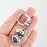 925 Silver With 18K Yellow Gold Border Frame Iolite Intaglio Vintage Jewelry Set