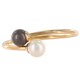 14K Yellow Solid Gold Double Large White and Grey Pearl Cuff Bangle Bracelet