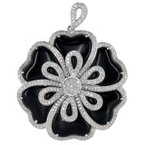 18K White Gold Diamond And Onyx Flower Design Big Pendant