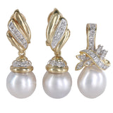 14K Yellow Gold Pearl And Diamonds Pendant And Earrings Set