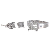 14K White Gold Diamond Cluster Princess-Cut Stud Earrings And Ring Jewelry Set