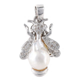 18K White Solid Gold Baroque Pearl and Diamonds Bee Charm Pendant