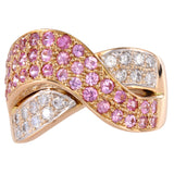 14K Two Tone Gold Diamond Pink Sapphire Crossover Band Ring