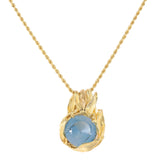 Vintage 14K Yellow Solid Gold Fancy Round Cut Blue Topaz Floral Leaf Design Necklace