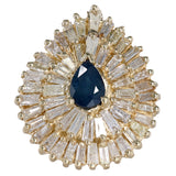 14K Yellow Gold Sapphire Pear Cut Diamond Halo Cocktail Ring