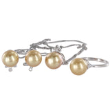 14K White Gold Champagne Pearls And Diamond Franco/Wheat Link Chain, Ring And Earrings Set Jewelry