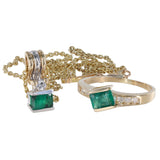 14K Yellow Gold Diamond And Emerald Ring And Necklace Jewelry Set