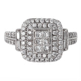 14K White Gold Double Halo Engagement Ring with French Pave Rounds and Invisible Set Princess Stones