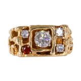 Vintage 14k Yellow Gold Round Diamond and Garnet Cluster Nugget Ring - 1.04ctw