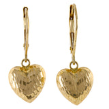 Pendientes colgantes con encanto de corazón hinchado con acabado martillado de oro amarillo de 14 k, pendientes colgantes con encanto de corazón, mujeres Huggies de oro real, regalo para ella