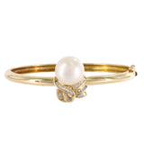 14K Yellow Solid Gold Large White Pearl Cuff Bangle Bracelet