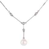 14k White Gold Pearl And Diamond Dangling Milgrain Bar Pendant Necklace