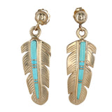 14K Yellow Gold Turquoise Inlay Feather Design Drop Earrings