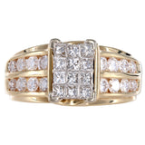 14k Yellow Gold Diamond Cluster Invisible Setting Princess Cut And Round Sides Channel Setting Fashion Ring