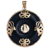 14K Yellow Gold Onyx Disc Chinese Character Good Luck Pendant