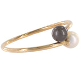 14K Yellow Solid Gold Double Large White and Grey Pearl Cuff Bangle Bracelet