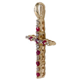 Colgante de cruz de rubí y diamante de talla única en oro amarillo de 14 k