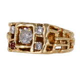 Vintage 14k Yellow Gold Round Diamond and Garnet Cluster Nugget Ring - 1.04ctw