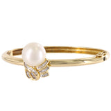 14K Yellow Solid Gold Large White Pearl Cuff Bangle Bracelet