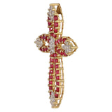 Colgante de cruz de diamantes y rubíes de oro macizo amarillo de 14 k