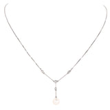 14k White Gold Pearl And Diamond Dangling Milgrain Bar Pendant Necklace