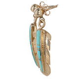 14K Yellow Gold Turquoise Inlay Feather Design Drop Earrings