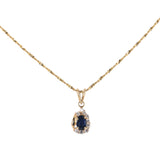 14K Yellow Gold Fancy Rope Chain And Sapphire Oval Halo Diamond Pendant Necklace