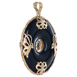 14K Yellow Gold Onyx Disc Chinese Character Good Luck Pendant