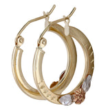 10k Tri-Tone Gold Diamond-cut Accent Flower Satin Hoop Earrings