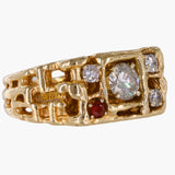 Anillo vintage de pepita de racimo de granate y diamante redondo de oro amarillo de 14 k - 1,04 quilates