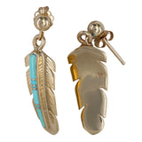 14K Yellow Gold Turquoise Inlay Feather Design Drop Earrings