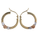 10k Tri-Tone Gold Diamond-cut Accent Flower Satin Hoop Earrings