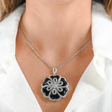 18K White Gold Diamond And Onyx Flower Design Big Pendant