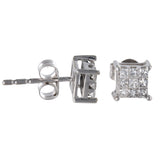 14K White Gold Diamond Cluster Princess-Cut Stud Earrings And Ring Jewelry Set