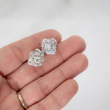 14k Natural Diamond Earrings, Cluster Flower Studs Earrings, 14k White Solid Gold