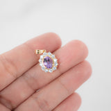 14K Yellow Gold Oval Big Amethyst And Cubic Zirconia Halo Charm Pendant