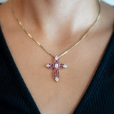 14k Yellow Solid Gold Ruby And Diamond Cross Pendant