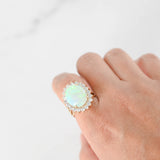 14K Yellow Gold Big Opal And Diamond Halo Cocktail Ring