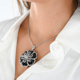 18K White Gold Diamond And Onyx Flower Design Big Pendant