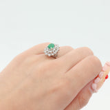 14k White Gold Oval Emerald and Diamond Cluster Ring