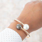 14K Yellow Solid Gold Double Large White and Grey Pearl Cuff Bangle Bracelet