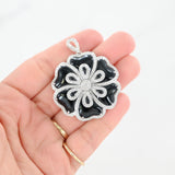 18K White Gold Diamond And Onyx Flower Design Big Pendant