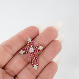 14k Yellow Solid Gold Ruby And Diamond Cross Pendant