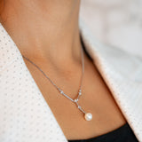 14k White Gold Pearl And Diamond Dangling Milgrain Bar Pendant Necklace