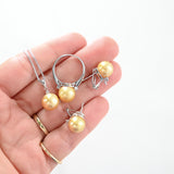 14K White Gold Champagne Pearls And Diamond Franco/Wheat Link Chain, Ring And Earrings Set Jewelry