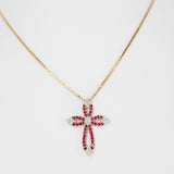 14k Yellow Solid Gold Ruby And Diamond Cross Pendant