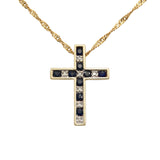 14k 19” Yellow Gold Dual Sided Cross with Ruby, Sapphires, and Diamonds