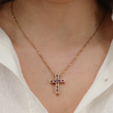 14k 19” Yellow Gold Dual Sided Cross with Ruby, Sapphires, and Diamonds