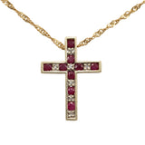 14k 19” Yellow Gold Dual Sided Cross with Ruby, Sapphires, and Diamonds