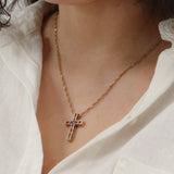 14k 19” Yellow Gold Dual Sided Cross with Ruby, Sapphires, and Diamonds